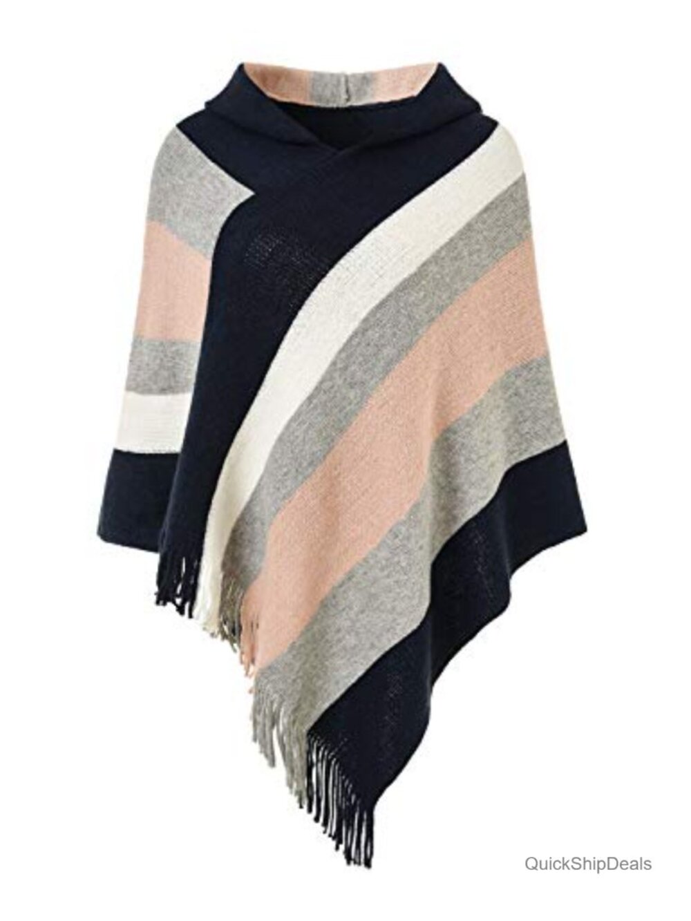 Women's Striped Fringe Poncho Sweater Shawl Wrap Cozy Knit Fall Winter